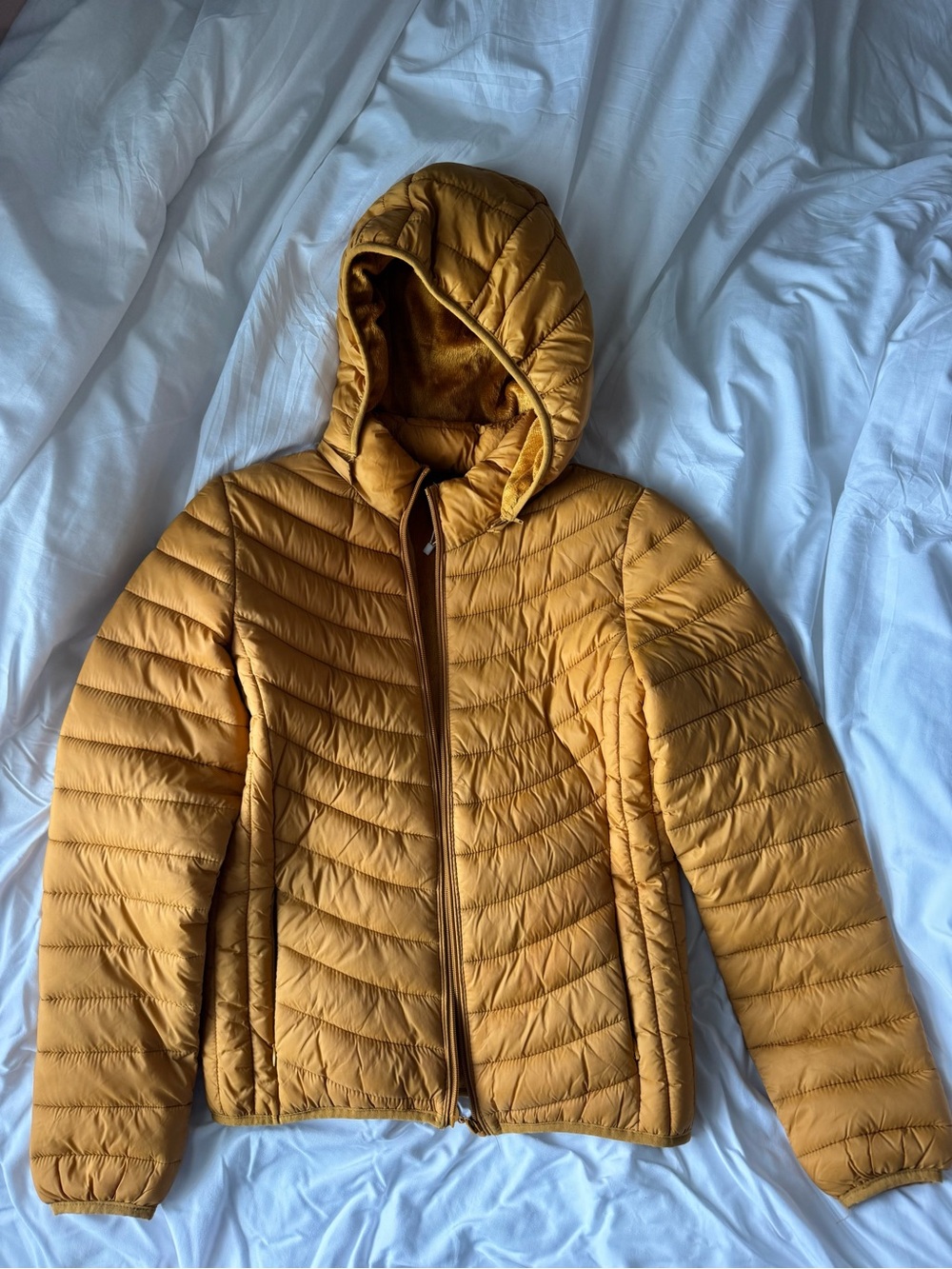 Mustard Yellow Quilted Hooded Puffer Jacket size Small